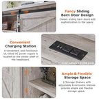 T4TREAM Farmhouse Queen Size Bed Frame w/Storage Bookcase Headboard, Sliding Barn Door, Charging Station, Rustic Wood Platform Bed w/Wood Slats Support, No Box Spring Needed, Antique Brush White