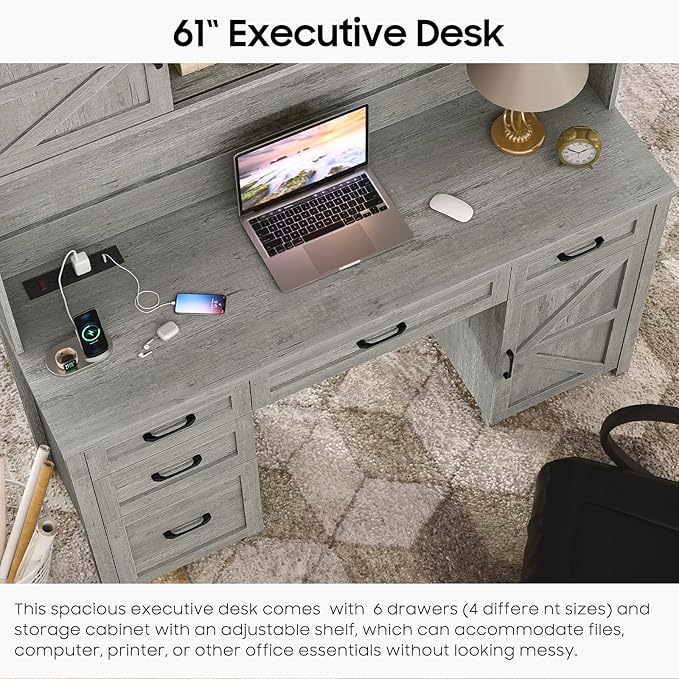 Farmhouse 67''H Executive Desk with Hutch & 5 Drawers, Rustic Office Desks Computer Desks with Charging Station, File Drawers and Storage Cabinets, Wood Workspace for Home Office & Study.(Grey)
