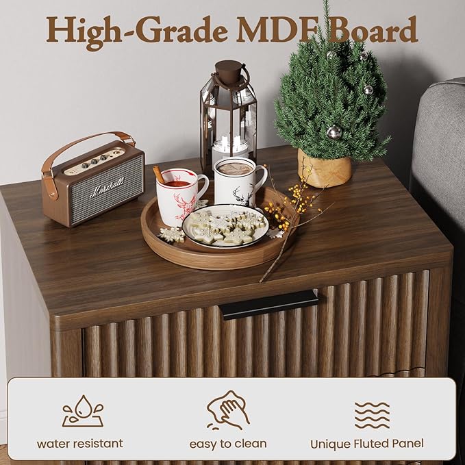 Night Stand with 3 Drawers, 23" Wide Modern Nightstand with Large Storage, Fluted Bed Side Table with Metal Handle, End Table Tall Nightstand for Bedroom, Living Room, Office, Walnut