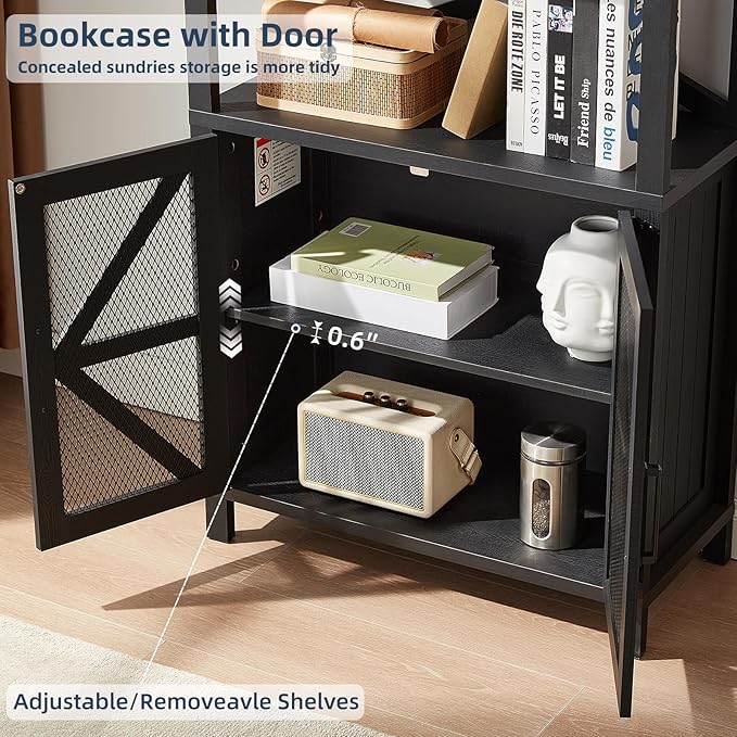 5 Tier Bookshelf 70" Tall Bookcase with Barn Doors,Large Farmhouse Display Book Shelf with Adjustable Shelves and Storage Cabinet，Library Wood Bookshelves for Living Room,Kitchen,Black(3PCS)