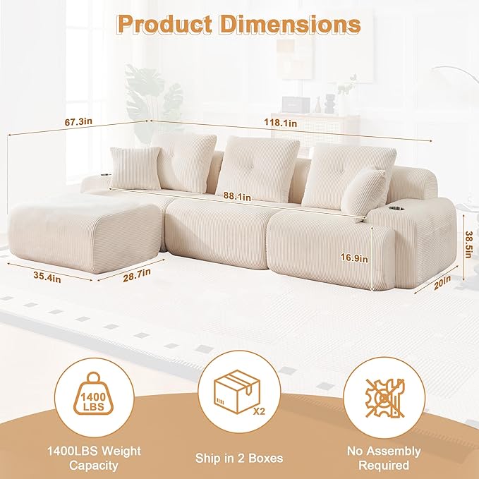 118" Modular Sectional Sofa, Cloud Sectional Couch with Deep Seat, Modern Modular Sofa with L Shaped Comfy Cloud Upholstered Boneless Couches for Living Room Bedroom, White
