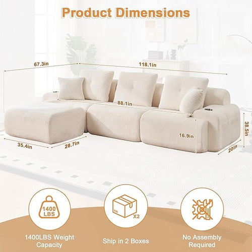 118" Modular Sectional Sofa, Cloud Sectional Couch with Deep Seat, Modern Modular Sofa with L Shaped Comfy Cloud Upholstered Boneless Couches for Living Room Bedroom, White