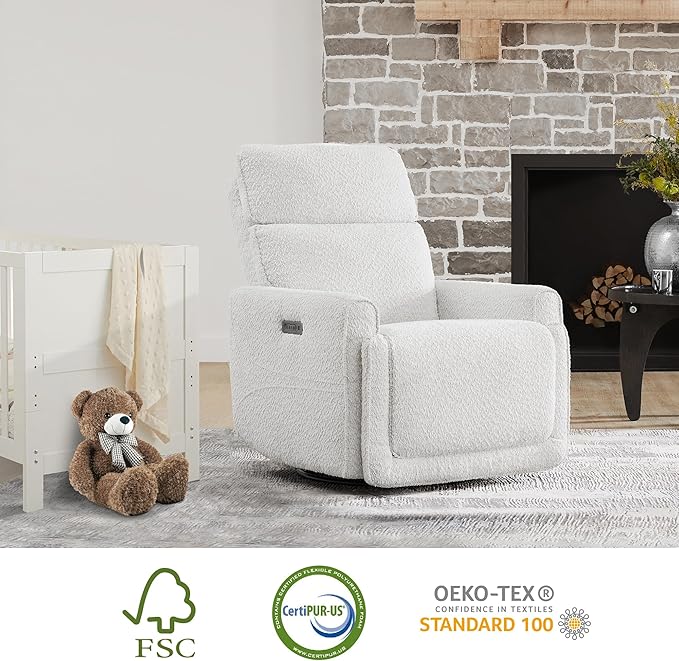 CHITA Electronic Power Recliner Chair Swivel Glider, FSC Certified Modern Nursery Rocking Chair with USB and Type-C Ports, Boucle White