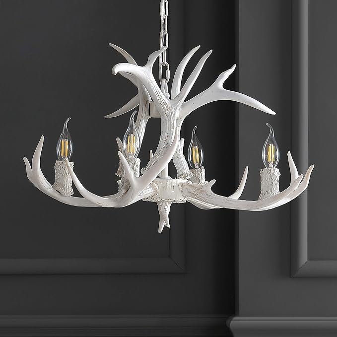 JONATHAN Y JYL6301B Eldora 26" Adjustable Resin Antler 4-Light LED Chandelier, Glam, Rustic,Cottage,Transitional, Dimmable Dining Room, Living Room, Kitchen, Foyer, Bedroom, White