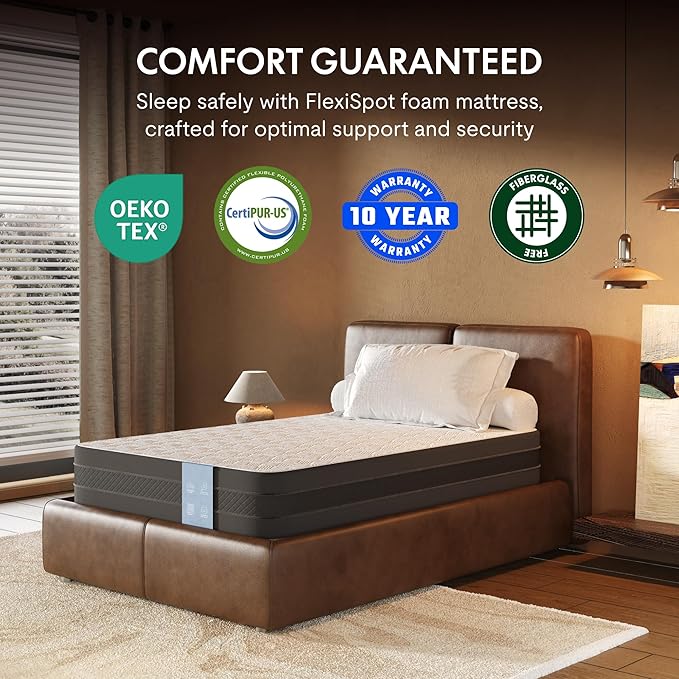 FLEXISPOT 10'' Twin XL Size Cooling Gel Memory Foam Mattress, Viscose from Bamboo, Medium Firm, 10-Year Warranty, Mattress-in-A-Box, Certi-PUR & Oeko-TEX Certified, Washable, Fire-Resistant.