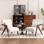 Mid-Century Modern Accent Chair Set of 2 with Solid Wood Frame，Upholstered Chenille Living Room Arm Chairs with Pillow for Bedroom, Living Room, Reading Room, Balcony, Beige