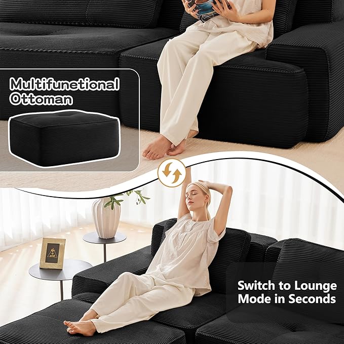 150.4” Black Boneless Couches for Living Room, Modular Sectional Sofa with L-Shape Chaise, 4 Seater Comfy Upholstered Deep Seat Corduroy Fabric Cloud Couch No Assembly, Anti-Slip Design