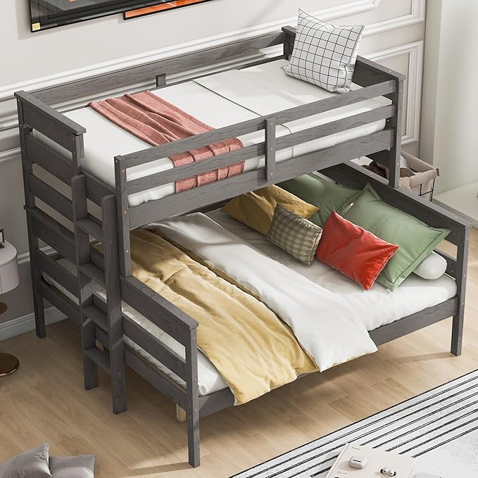 Solid Wood Twin XL Over Queen Bunk Bed with Ladder and Slat Support,Bedroom Detachable Bed Frame w/Easy Assembly & No Box Spring Required,for Kid Adult Boy Girl Teen,Gray