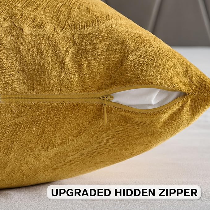 FUTEI Golden Yellow Velvet Throw Pillow Covers 20x20 Inch Set of 2,Soft Embossed Leaf-Relief Textured Cushion Cases,Natural Home Decor for Couch Living Room