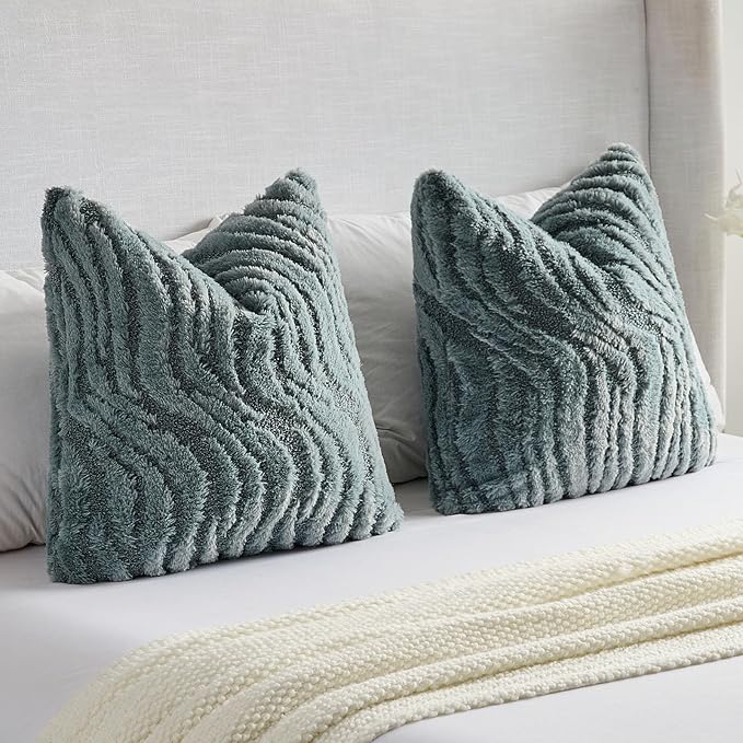 FUTEI Blue Decorative Throw Pillow Covers 16x16 Inch Set of 2,Soft Faux Fur Geometric Shapes Texture Cushion Case,Boho Home Decor for Couch Bed Living Room