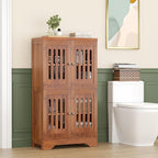 PARTPHONER Bathroom Floor Storage Cabinet with Cabinet Lights, Modern Storage Cabinet with 4 Doors and Adjustable Shelves, Buffer Hinges, Walnut Pantry Cabinet for Living Room & Kitchen