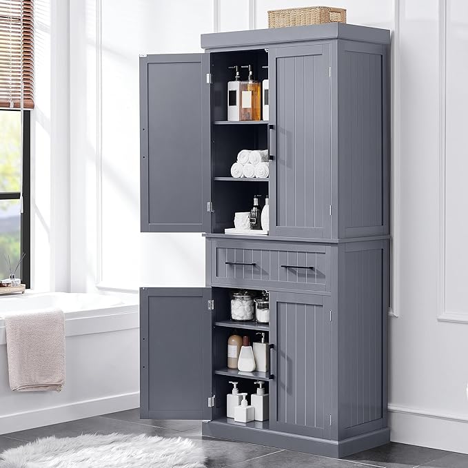 Yaheetech Kitchen Pantry Storage Cabinet with Drawer, 72.5" H Cupboard Pantry Cabinets with Adjustable Shelves and Barn Doors for Dining Room/Living Room, Dark Gray