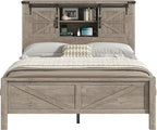 AMERLIFE Farmhouse Full Bed Frame with Storage Headboard & Charging Station, Rustic Wood Platform Bed with Barn Door Bookcase, No Box Spring Needed, Light Grey Bedroom Furniture