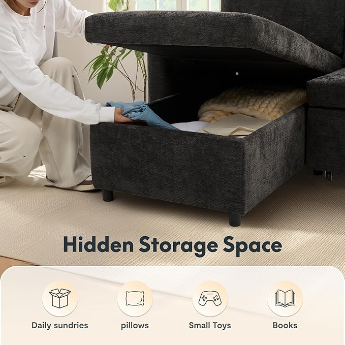 FLEXISPOT XB5 78" Pull Out Couch Bed with Storage Chaise, 2-in-1 Convertible Sofa Bed with USB Charging Ports, 3-Seater Sectional Sofa Couch for Living Room Apartment, Easy to Assemble(Dark Gray)