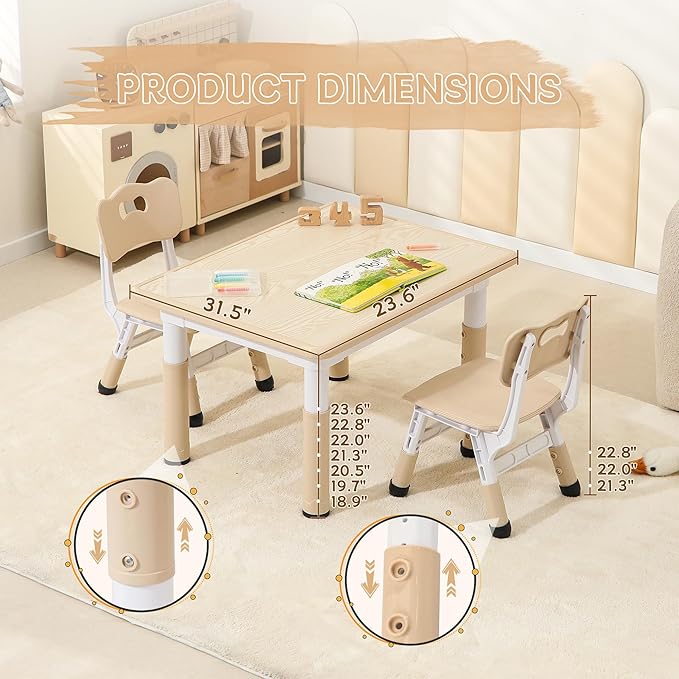 Kids Table & Chairs Set, Height Adjustable Toddler Study Table with Anti-Slip Foot Covers, Ages 2-10