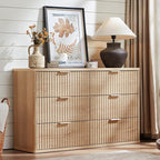 LEYAOYAO Fluted 6 Drawers Dresser, 48" Wide Modern Chest of Drawers with Wood Grain Top, Curved Profile Design, Dresser TV Stand, Wood Drawer Organizer for Bedroom, Living Room, Hallway,Natural