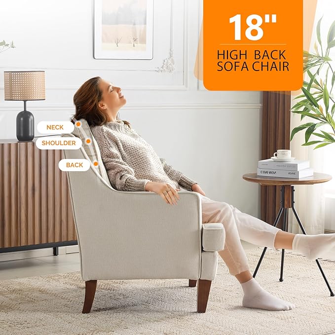 VINGLI Mid-Century Modern Accent Chair, Beige Upholstered Armchair Comfy Sofa Chair Reading Chair High Back for Living Room Bedroom Furniture Apartment