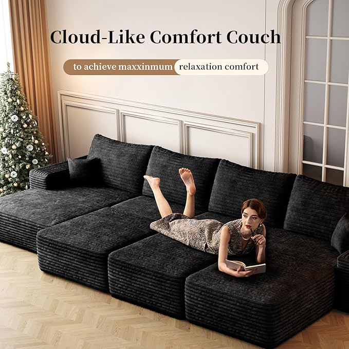 107.5" Cloud Modular Sectional with Ottoman, U-Shaped Sofa for Living Room, Modern Minimalist Couches, Deep Seat Comfy Couch & Reversible Chaise, No Assembly Required (Black, Right Facing Chaise)