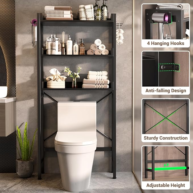 Over The Toilet Storage Rack - 3 Tier Bathroom Organizer with Shelves, Freestanding Space Saver Storage Rack Above Toilet Stand with 4 Hooks for Restroom, Laundry, Black