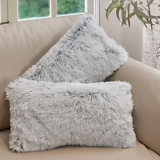Cheer Collection Throw Pillows for Couch and Bed, Soft Shaggy Throw Pillows with Inserts Included, Cozy Long Hair Faux Fur Pillows - Set of 2-12" x 20" - Blue Ombre