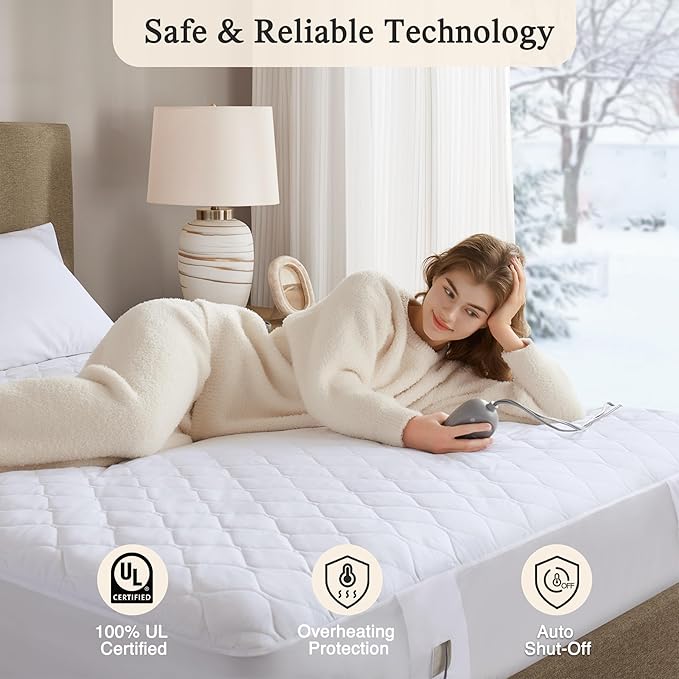 Beautyrest Cotton Blend Heated Mattress Pad Secure Comfort Technology - Luxury Quilted Electric Mattress Pad with Deep Pocket - 5-Setting Heat Controllers, Queen, White