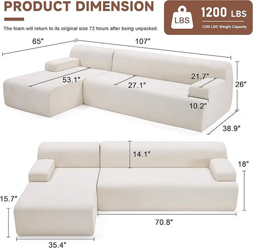 107" Modular Sectional Sofa, Boneless Couch Sponge Sofa for Living Room, High Density Sponges Cloud Couch,Modular L-Shape Sofa with Chaise, (Beige)