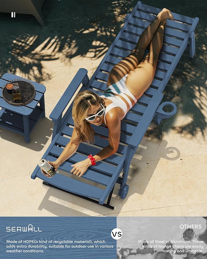SERWALL Patio Chaise Lounge Chair Set of 2, 78'' Long 5-Positions Adjustable HDPE Outdoor Lounger for Pool, Poly Lounge Chair with Rolling Wheels & Cup Holder for Poolside, Deck, Blue