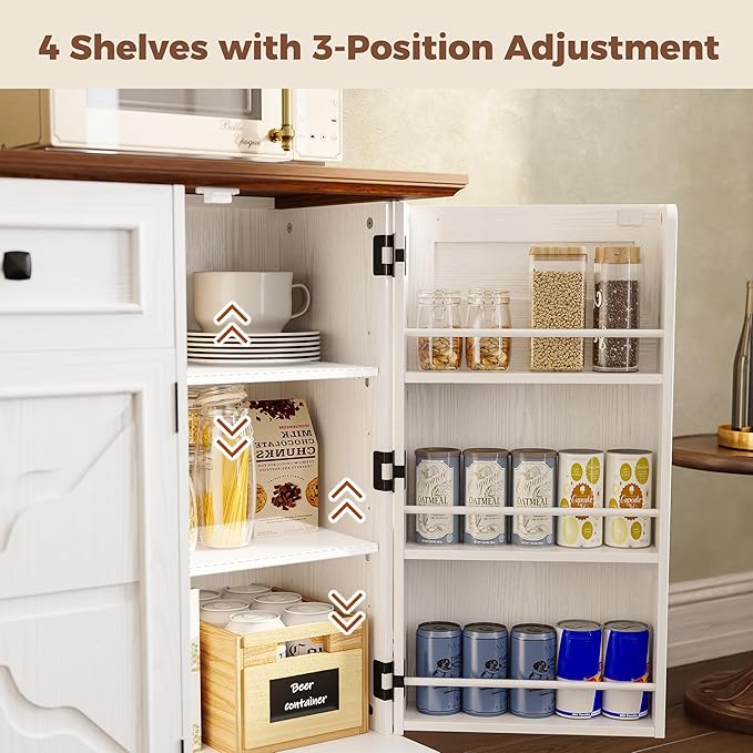 IRONCK 56” Farmhouse Sideboard Buffet Cabinet with 4 Doors and 1 Drawer, Buffet Table with Hidden Removable Drawers, 4 Adjustable Shelves, Dining Room Storage Cabinet for Kitchen or Living Room, White