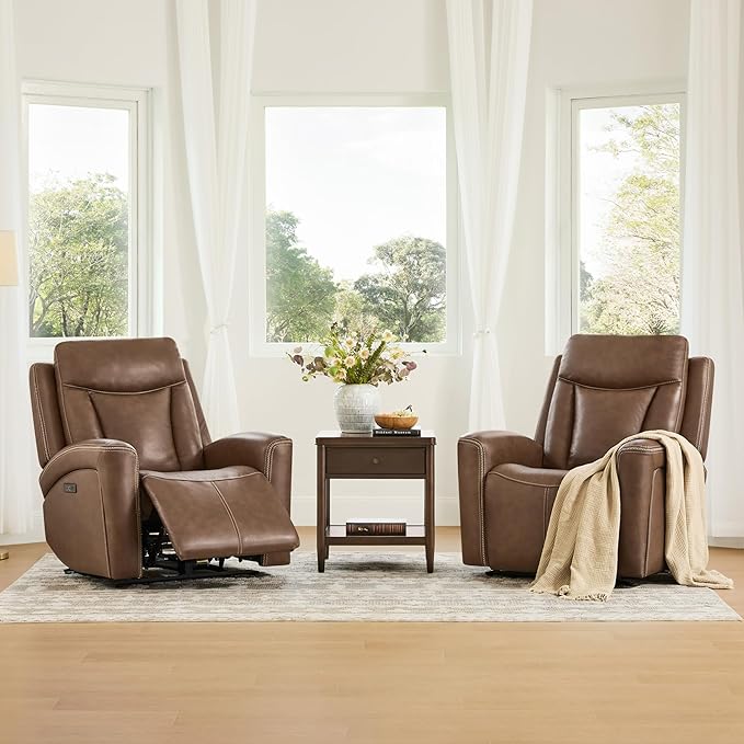 CHITA Genuine Leather Power Recliner Chair for Adults, Super Zero Gravity Recliner with Adjustable Power Headrest & USB/Type-C Ports, for Living Room, Bedroom & Home Theater, Cafe Brown