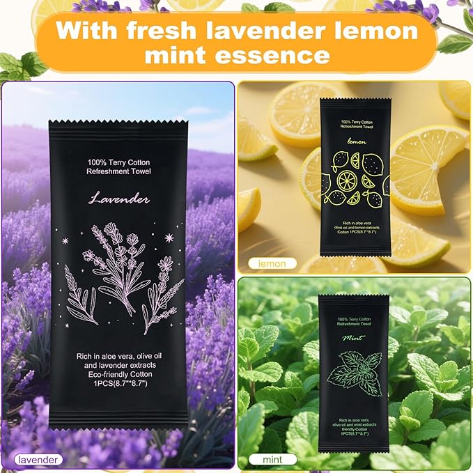 Moist Cotton Towel Bulk Moist Towelettes Individually Wrapped 8.7" x 8.7",White Towel Services,Refreshment Pre Moistened Towels Lavender, Lemon and Mint for Sport Party Spa （pack of 30)