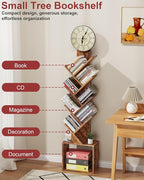 7 Tier Tree Bookshelf with Clock and Storage Cabinet, Small Narrow Floor Standing Bookcase for Bedroom, Living Room, Home Office, Dark Brown