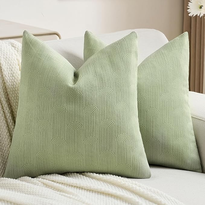 FUTEI Sage Green Chenille Decorative Throw Pillow Covers 26x26 Inch Set of 2,Soft Cozy Striped Geometric Patterns Euro Pillow Sham,Modern Home Decor for Couch Bed Living Room