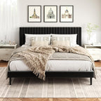 King Size Bed Frame, King Size Platform Bed Frame and Velvet Upholstered Headboard with Strong Wood Slats, Box Spring Optional, Mattress Foundation, Easy Assembly Black
