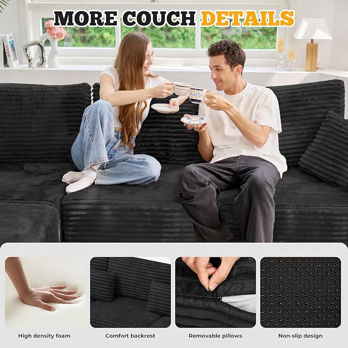113" Modular Sectional Sofa, Convertible L-Shaped Cloud Couches for Living Room with Ottoman, 4 Seater Corduroy Boneless Couch Sofas Set, No Assembly Required, Black 1 PCS