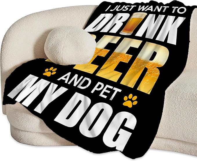 Funny Beer and Dog Throw Blanket - Gifts and Decor for Men Women Adults - Soft Warm Cozy Fleece for Couch Sofa Bed 80"x60"
