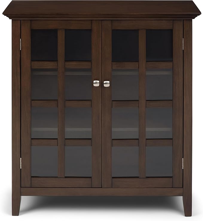 SIMPLIHOME Acadian Storage Cabinet - 39 inch Wide Solid Wood 4-Shelf Display Cabinet in Natural Aged Brown, Transitional Cupboard for Living Room or Dining Room with Glass Doors and Adjustable Shelves