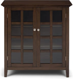 SIMPLIHOME Acadian Storage Cabinet - 39 inch Wide Solid Wood 4-Shelf Display Cabinet in Natural Aged Brown, Transitional Cupboard for Living Room or Dining Room with Glass Doors and Adjustable Shelves