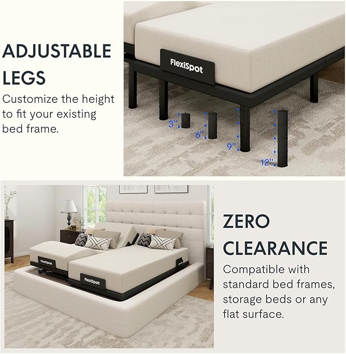 FLEXISPOT Adjustable Bed Frame Base Split King+12-inch Certipur-US Hybrid Mattress with Individual Pocket Spring, Quick Assembly, Massage, Zero Clearance, Whisper Quiet Durable Motor, Zero Gravity