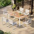 Outdoor Dining Set, Patio Table and Chairs Set, 7 Piece HDPS + Aluminum Patio Furniture Set with Umbrella Hole, Patio Dining Table Set (White-Teak)