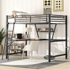 Full Size Loft Metal Bed with Desk and Shelf,Modern Bedroom Bed Frame w/Full-Length Guardrails & Ntegrated Ladder,Slat Support,for Adult Kid Boy Girl Teen,Black