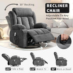 Rocking Recliner Chair with Heat and Massage, Nursery Recliner 360° Swivel Oversized Chairs for Adults, Lazy Boy Single Sofa Seat with 3 Positions, 2 Side Pockets, Cup Holders, and USB Ports, Grey