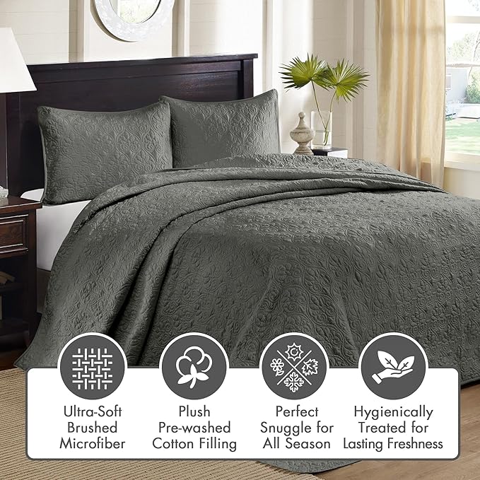 Madison Park Quebec Reversible Quilt Set Damask Design, Double Sided Stitching All Season, Lightweight Bedspread Bedding Set, Matching Sham, Dark Grey, Full(96"x110") 3 Piece