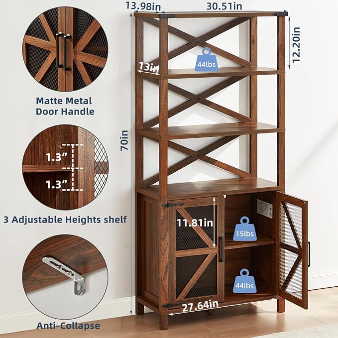 5 Tier Bookshelf 70" Tall Bookcase with Barn Doors,Large Farmhouse Display Book Shelf with Adjustable Shelves and Storage Cabinet，Library Wood Bookshelves for Living Room,Kitchen,Brown(3PCS)