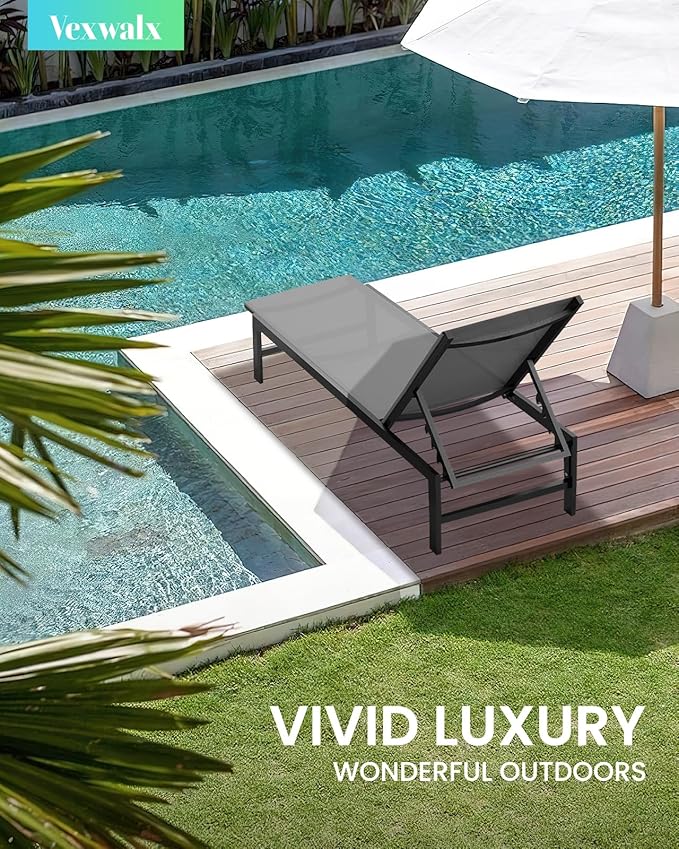 Outdoor Lounge Chairs for Pool, Aluminum Chaise Lounge Chairs with 5-Position Recliner, Patio Lounge Chair for Backyard, Poolside, Deck, Lawn