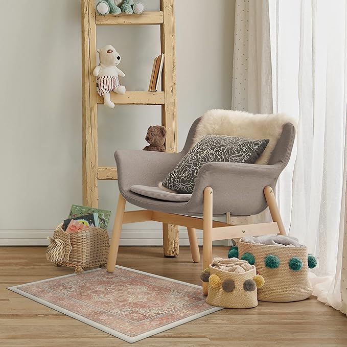 RUGGABLE Washable Area Rug – Kamran Rose Pink 2x3, Stain-Resistant, Non-Slip – Small Machine Washable Rugs for Living Room, Bedroom, Hallway, Entryway & Bathroom–with Cushioned Pad