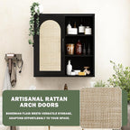 RUSTOWN Boho Rattan Wall Cabinet, Midcentury Bathroom Cabinet with Sliding Door, Adjustable Shelves, Over The Toilet Storage Cabinet (Black)
