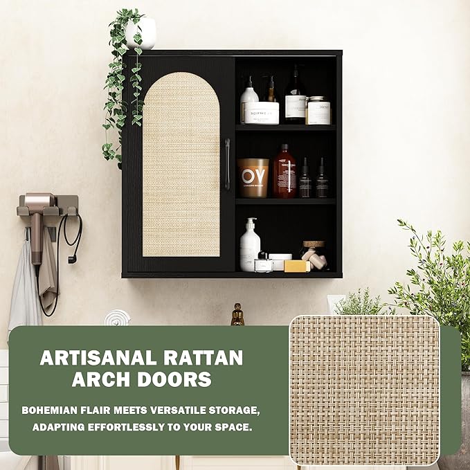 RUSTOWN Boho Rattan Wall Cabinet, Midcentury Bathroom Cabinet with Sliding Door, Adjustable Shelves, Over The Toilet Storage Cabinet (Black)