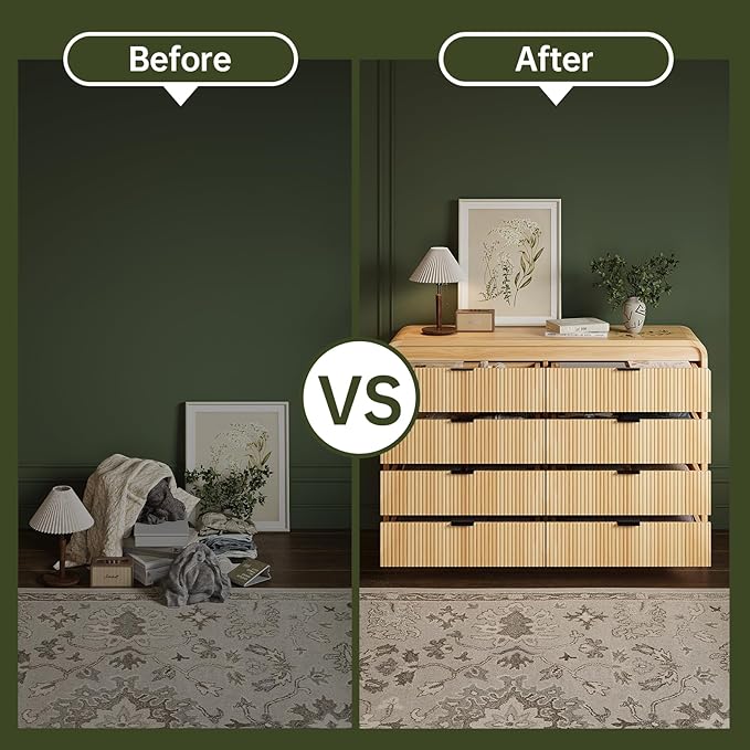 FURSUN Fluted 8 Drawers Dresser for Bedroom, 55" Wide Wooden Dresser with Metal Handle, Curved Profile Design, Modern Storage Organizer for Bedroom, Hallway, Natural Oak