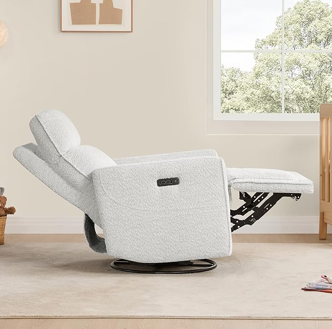 CHITA Electronic Power Recliner Chair Swivel Glider, FSC Certified Modern Nursery Rocking Chair with USB and Type-C Ports, Boucle White