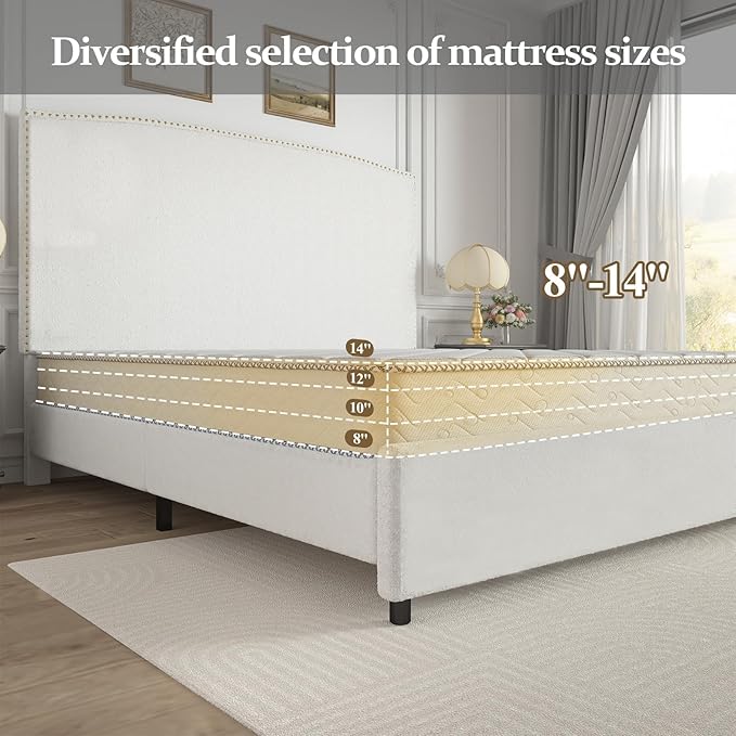 King Size Bed Frame and Headboard, 56" Upholstered Platform Bed with Nailhead Trim, Soft Boucle Fabric, No Box Spring Needed, Easy Assembly, White